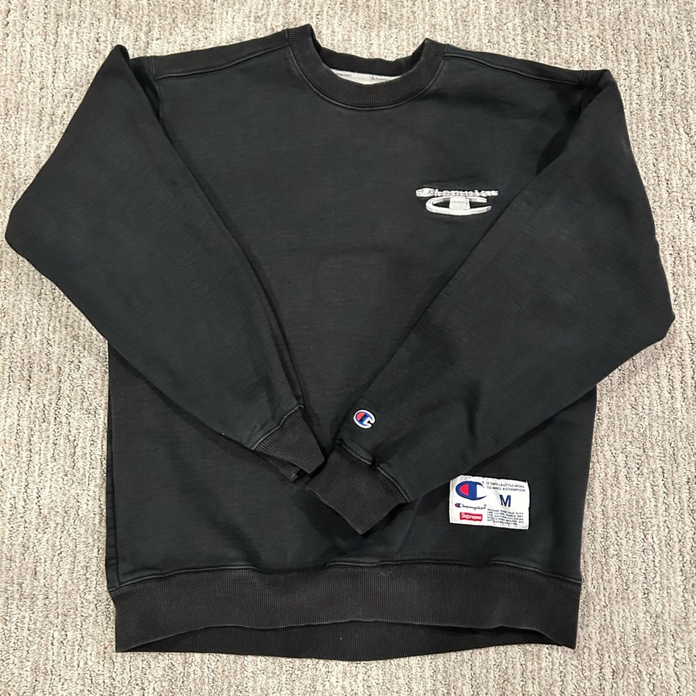 Champion X Supreme Black Crewneck Sweatshirt with White Logo Embroidery